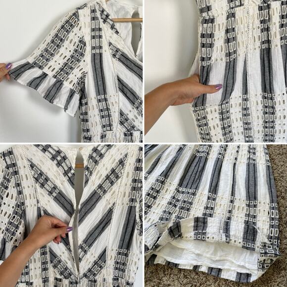 Anthropologie Ett:twa Striped Eyelet Romper Short Sleeve White Gray Blue 10 - Picture 11 of 16